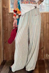 High Waist Vintage Green Striped Long Pants