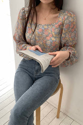 Long Sleeve Square Collar Floral Blouse Shirt