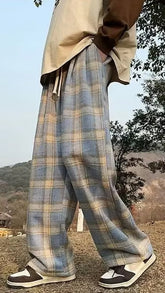 Loose Casual Plaid Wide Leg Men Pants