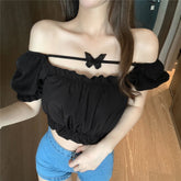 Short Sleeve Butterfly Pattern Sexy Crop Tops