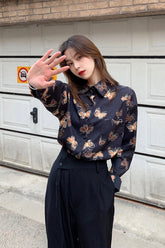 Long Sleeve Butterfly Printed Blouse Shirt