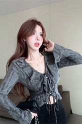 Long Sleeve V-Neck Sexy Ruffles Cropped Shirt