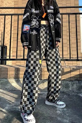 High Waist Plaid Checkerboard Denim Pants