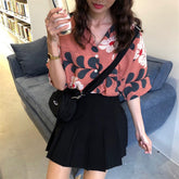 Vintage Floral Pattern Short Sleeve Blouse Shirt