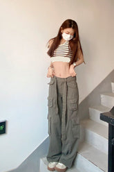 High Waist Cargo Pockets Loose Pants