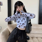 Long Sleeve Butterfly Transparent Mesh Cropped Shirt