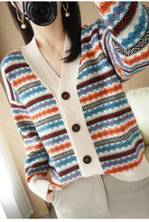 V-Neck Vintage Pattern Cardigan Sweater
