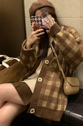 Long Sleeve Grid Plaid Cardigan Sweater
