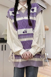 V-Neck Cute Love Pattern Purple Vest Sweater