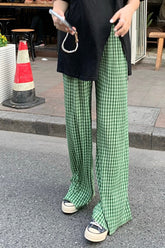 High Waist Green Plaid Loose Pants