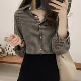 Long Sleeve Elegant Plaid Office Blouse Shirt