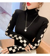 Long Sleeve Side Checkered Knitted Turtleneck Sweater