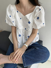 Loose Puff Sleeve V-Neck Floral Blouse Shirt