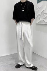 High Waist Loose Belted Straight Long Pants