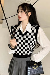 V-Neck Plaid Chess Knitted Vest Sweater