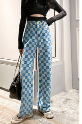 Blaue Jeans mit Karomuster und hoher Taille und weitem Bein