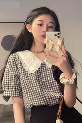 Retro Doll Collar Short Sleeve Plaid Shirt