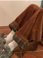 Back Side Plaid High Waist Corduroy Long Pants