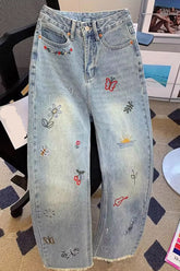 High Waist Garden Embroidered Long Jeans Pants
