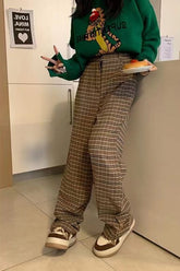 High Waist Retro Brown Plaid Long Pants