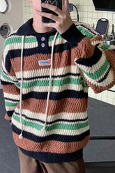 Long Sleeve Turn Down Collar Striped Sweater