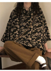 Vintage Loose Floral Dark Blouse Shirt