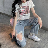 High Waist Lace Heart Shaped Loose Jeans Pants