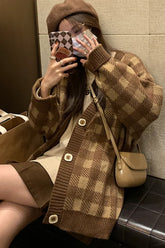 Long Sleeve Chessboard Plaid Knitted Cardigan Sweater