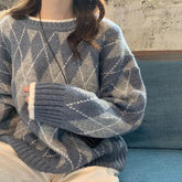 Lockerer Strickpullover mit O-Ausschnitt und Argyle-Muster