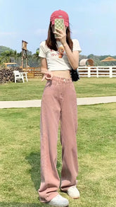 High Waist Pink Colors Long Jeans Pants