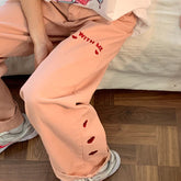 Cute Love Embroidery Long Pink Jeans Pants