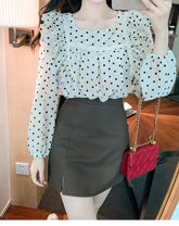 Polka Dot Square Collar Ruffle Blouse Shirts