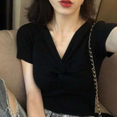 Sexy V-Neck Cross Wrap Knitted Slim Shirt