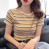 O-Neck Striped Cropped Slim Shirt