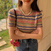 Retro Knitted Hollow Out Striped Slim Shirts