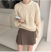 O-Ausschnitt Retro Strickpullover in Beige