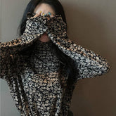 Long Sleeve Florals Pattern Turtleneck Blouse Shirt