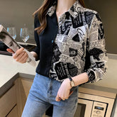 Long Sleeve Newspaper Printed Half Style Blouse Shirt