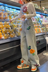 High Waist Cute Mushroom Embroidered Jeans Pants