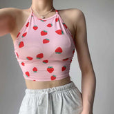 Cute Strawberry Pattern Halter Crop Tops