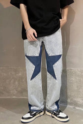 Star Embroidery Patchwork Men Denim Long Pants