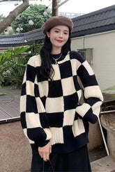 Long Sleeve Plaid Checkered Knitted Sweater