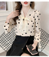 Lace Bow Polka Dot Pattern V-Neck Blouse Shirt