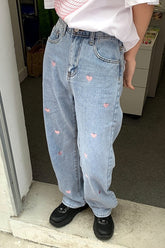 Heart Shape Embroidery Long Jeans Pants