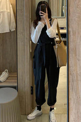 Loose Retro Sashes Black Jumpsuits