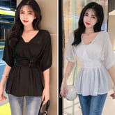 Casual V-Neck Solid Chiffon Blouse Shirt