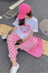 Cute Light Colors Long Loose Plaid Pants