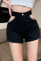 Sexy Cut Out Chain Patchwork Denim Shorts