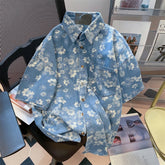 Retro Floral Printed Denim Shirts