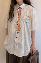 Short Sleeve Cute Tie Hand Painted Striped Blouse Shirts